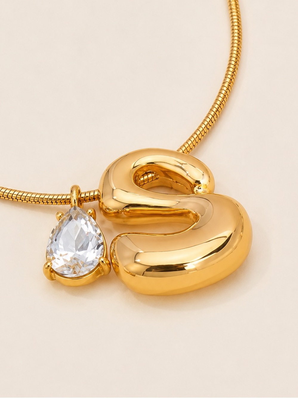 Gold Bubble Initial Crystal Pear Charms Necklace (7223)